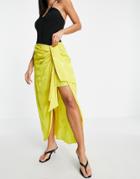 River Island Floral Satin Jacquard Knot Front Maxi Skirt In Yellow