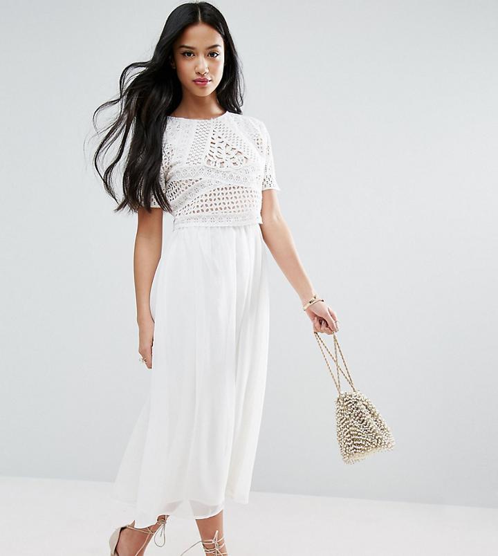 Asos Petite Heavy Applique Crop Top Midi Dress - Cream