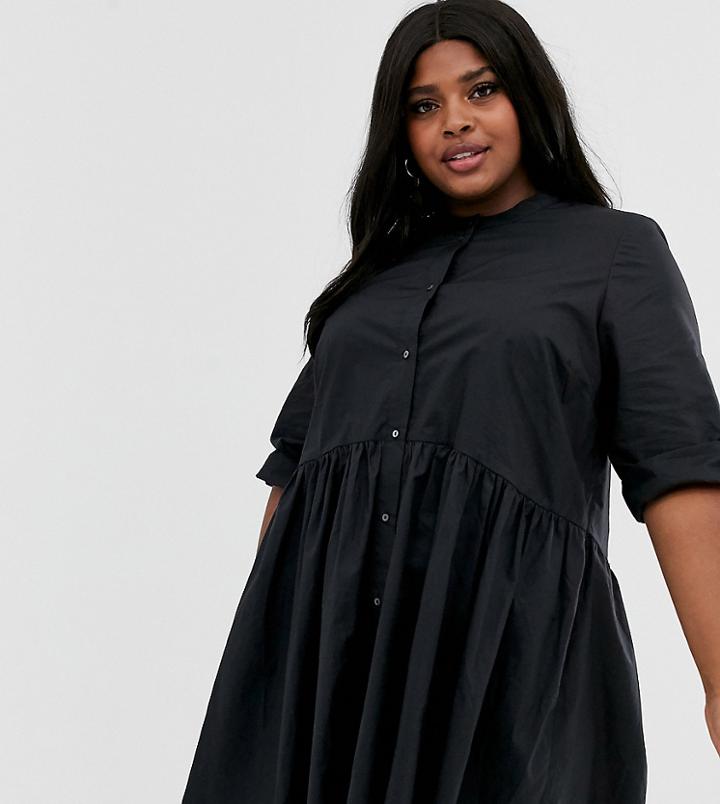 Only Curve Smock Button Through Dress In Denim-black