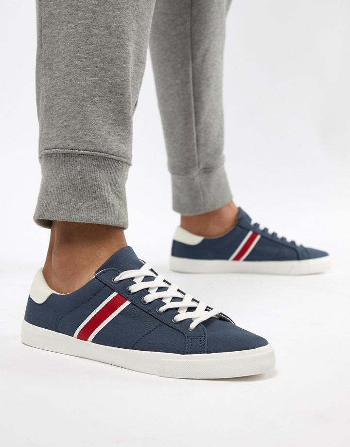 Pull & Bear Canvas Sneaker With Side Stripe In Navy - Navy