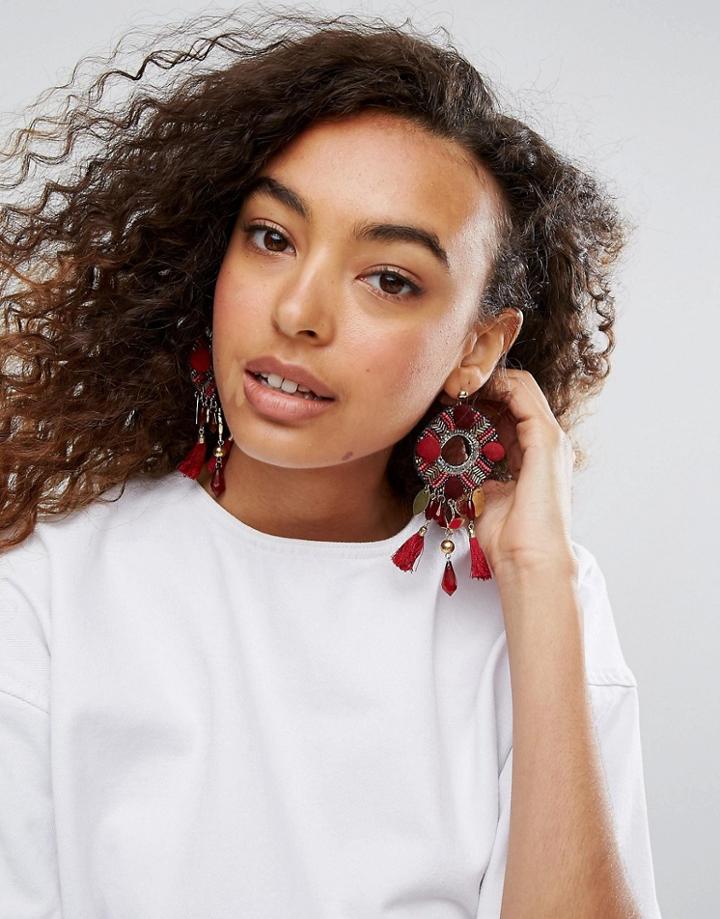 Asos Statement Pom And Beaded Tassel Earrings - Red