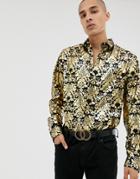 Twisted Tailor Skinny Velvet Shirt With Gold Baroque Print-black