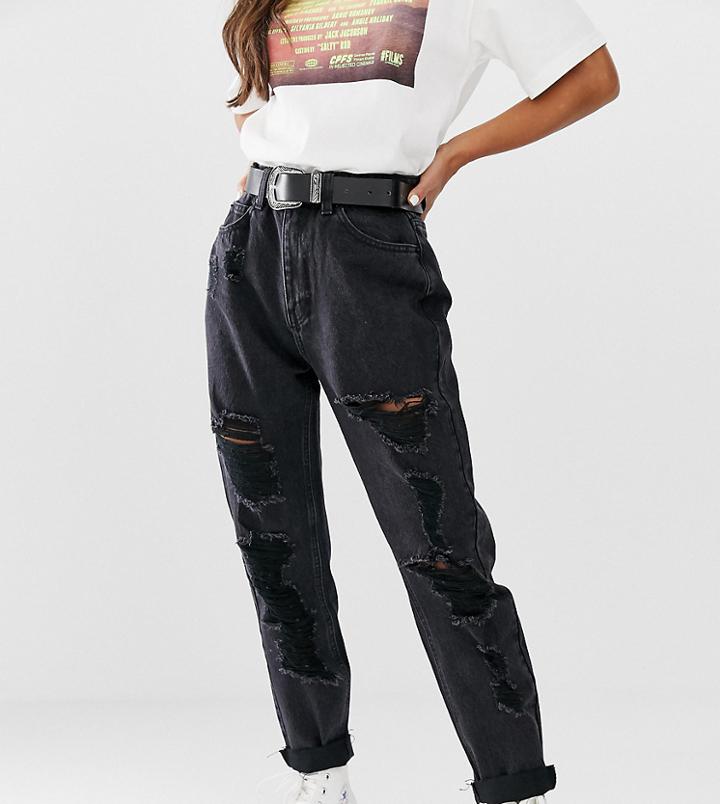 Pull & Bear Ripped Mom Jean In Black - Black