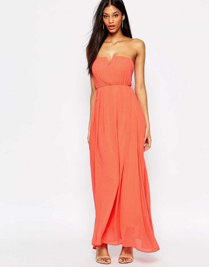 Ax Paris Pleat Front Maxi Dress - Coral