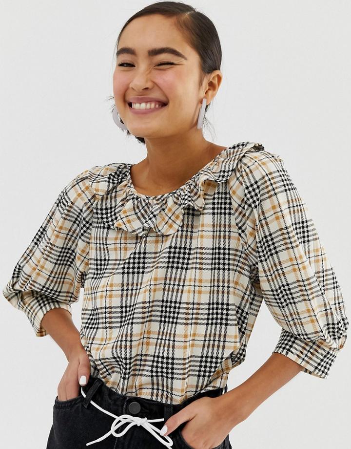 Monki Check Print Puff-sleeve Top In Beige - Beige