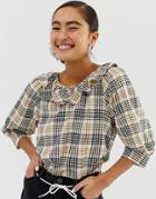 Monki Check Print Puff-sleeve Top In Beige - Beige