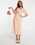 Influence Midi Tea Dress In Orange Daisy Print