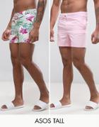 Asos Tall Swim Shorts 2 Pack In Pink And Floral Print In Short Length Save - Multi