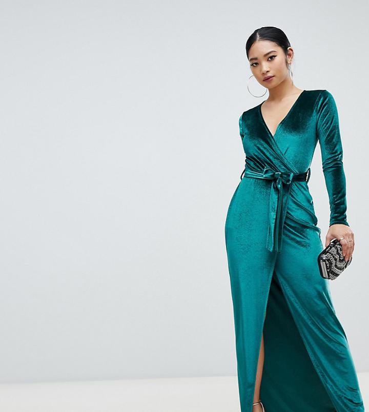 Boohoo Petite Velvet Wrap Maxi Dress In Green - Green