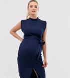 Asos Design Maternity Split Sleeve Midi Dress With Obi Belt - Navy