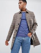 Asos Design Wool Mix Overcoat In Brown Check - Brown