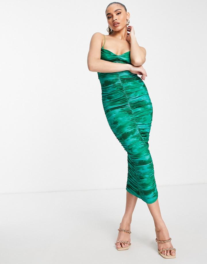 Asos Design Cami Strappy Midi Dress With Ruched Detail In Green Tie Dye Print-multi