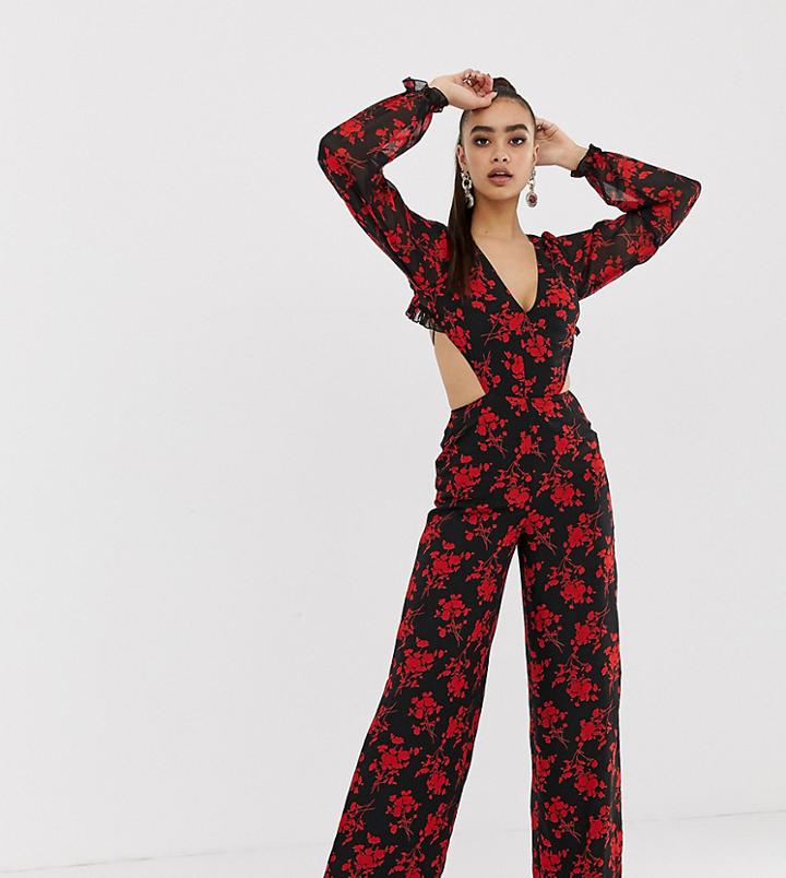 Missguided Floral Frill Open Back Jumpsuit In Black Floral - Black