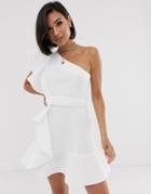 Asos Design One Shoulder Ruffle Mini Dress With Pep Hem-white