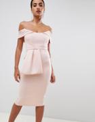 Asos Design Bardot Peplum Midi Bodycon Dress-pink
