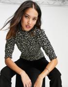 Only Zille 3/4 Sleeve Smock Top In Black Leopard Print