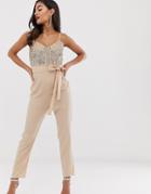 Asos Design Embellished Top Tie Waist Jumpsuit-beige