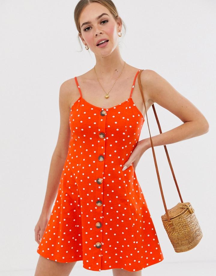 Asos Design Mini Cami Swing Dress With Faux Wood Buttons In Spot - Multi