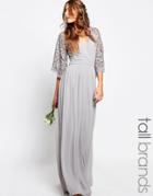 Maya Tall Wrap Front Pleated Maxi Dress With Lace Sleeve - Gray