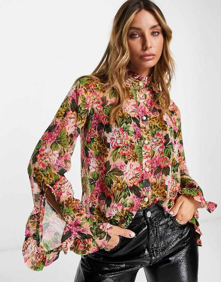River Island Floral Print Pussybow Blouse In Pink