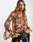River Island Floral Print Pussybow Blouse In Pink