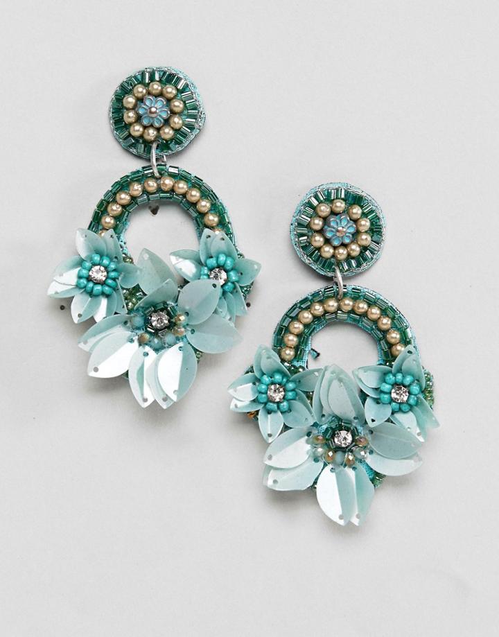 Asos Design Pretty Embroidered Floral Bead Earrings - Multi