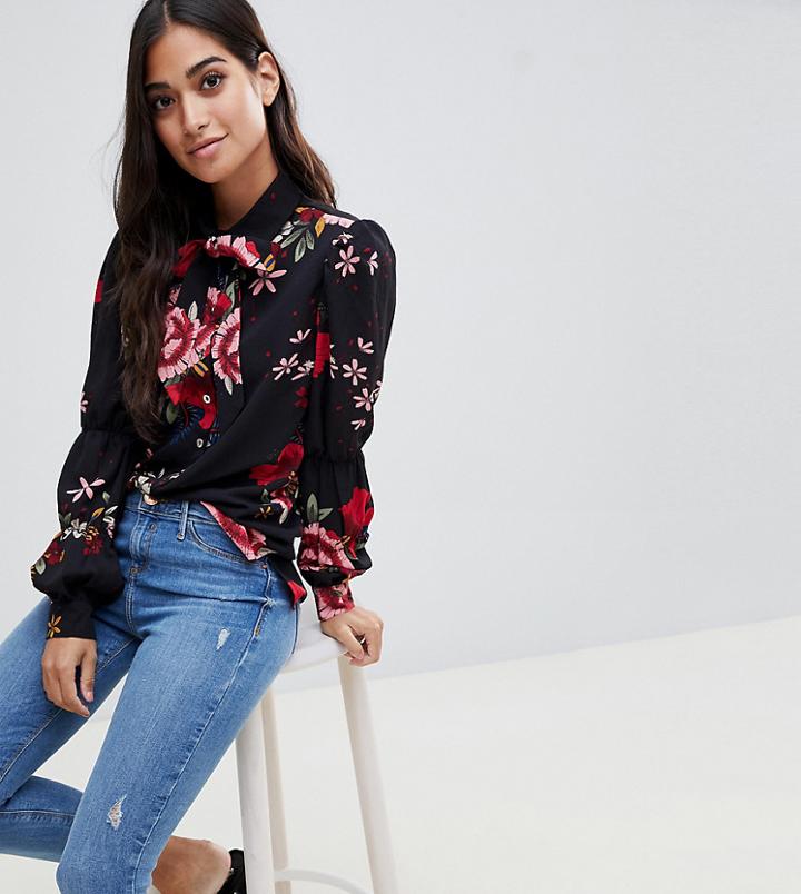 Parisian Petite Floral Print Bussy Bow Blouse - Black