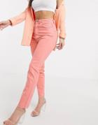 Asos Design High Rise Farleigh' 'slim' Mom Jeans With Raw Hem In Coral-orange