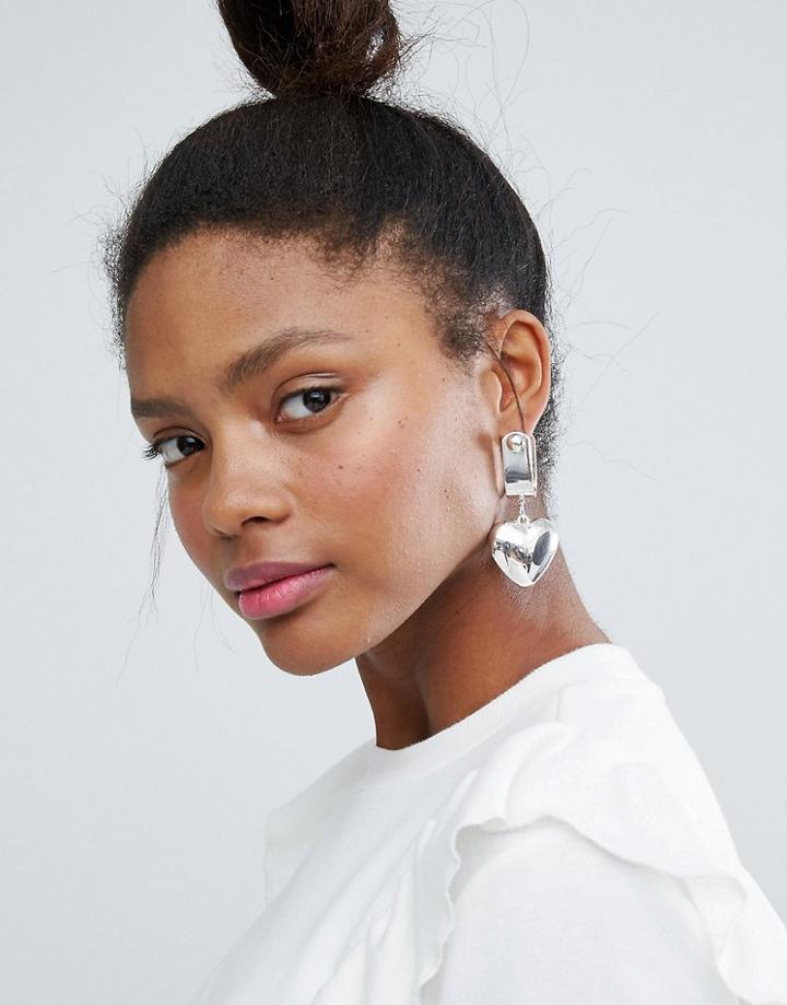 Monki Heart Drop Earrings - Silver