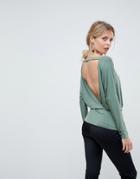Asos Batwing Top With Open Back In Slinky - Green
