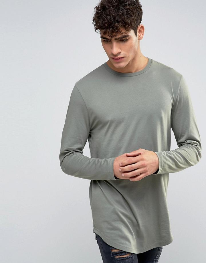 Asos Super Longline Long Sleeve T-shirt With Curved Hem In Green - Gre