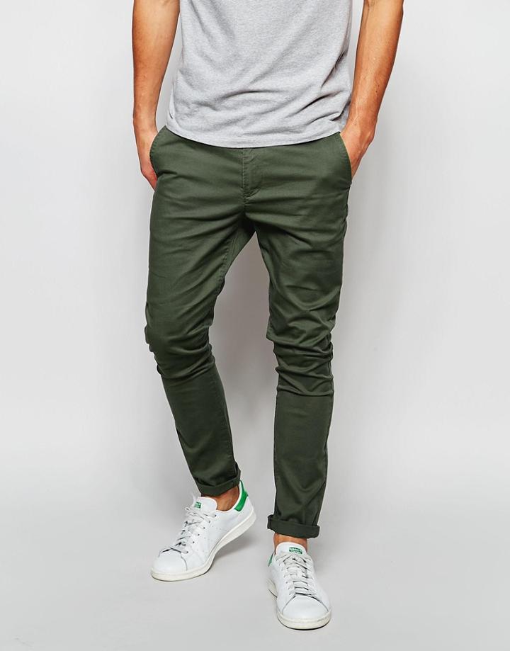 Asos Super Skinny Chinos In Dark Khaki - Forest Night