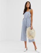 Qed London Button Front Jumpsuit With Belt Detail-blue