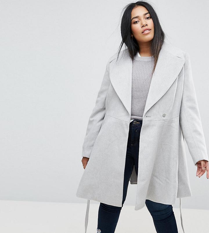 Asos Curve Skater Coat With Self Belt And Oversized Collar - Gray