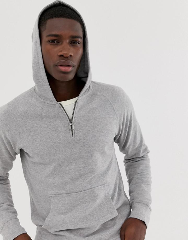 Selected Homme 1/4 Zip Hoodie With Raglan Sleeve - Gray