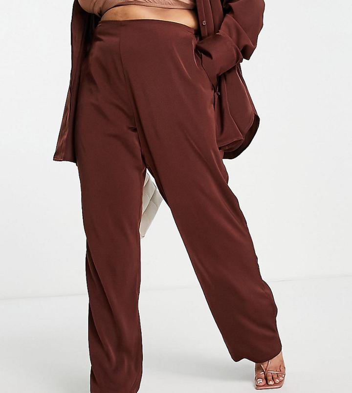 Asos Design Curve Pull On Pant In Chocolate Satin - Part Of A Set-brown
