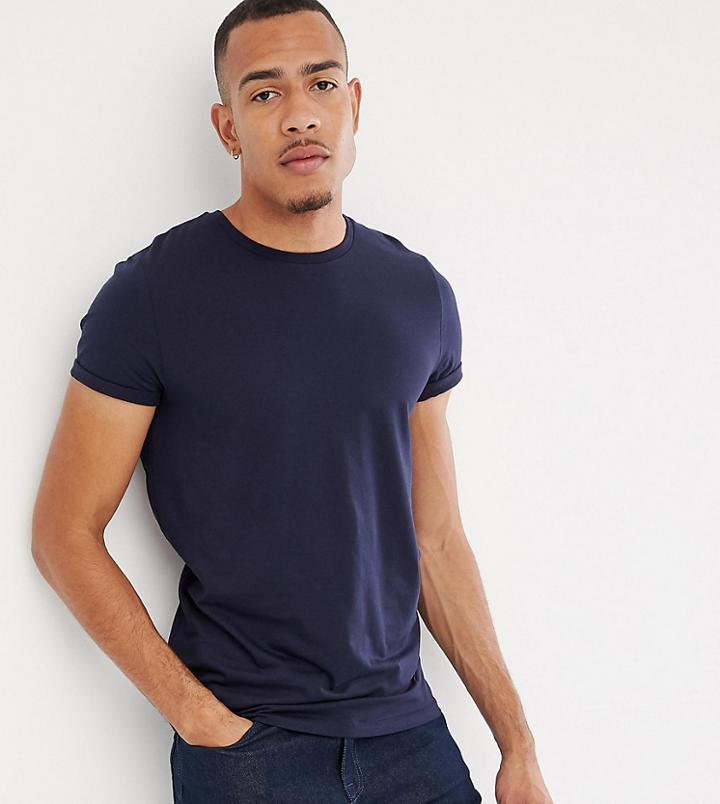 Asos Design Tall T-shirt With Crew Neck And Roll Sleeve In Navy - Navy