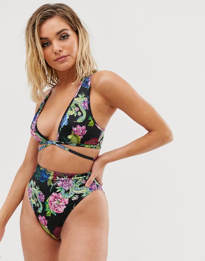 Asos Design Recycled Deep Plunge Lattice Crop Bikini Top In Tattoo Rose Print-multi