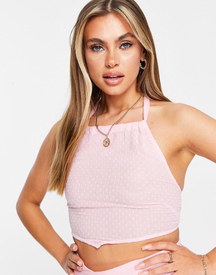 Asos Design Lace Up Back High Neck Beach Coordinating Top In Pink Texture