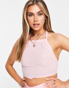 Asos Design Lace Up Back High Neck Beach Coordinating Top In Pink Texture