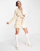 Kyo The Brand Oversized Contrast Blazer Dress With Belt In White And Stone-multi