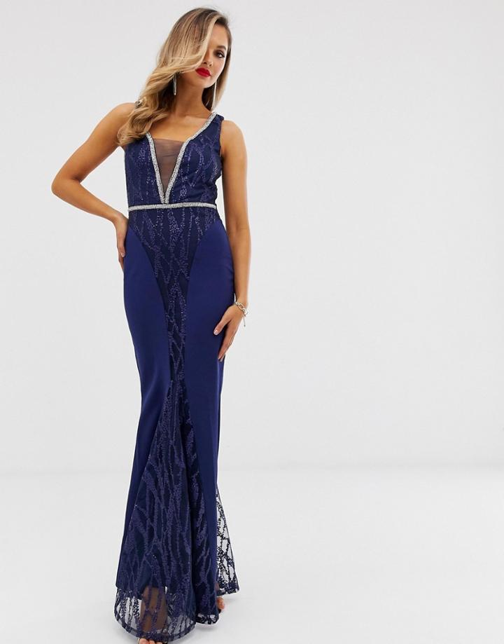 City Goddess Sequin And Chiffon Plunge Maxi Dress-navy