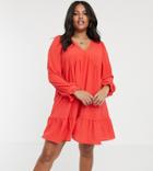 Asos Design Curve V Neck Mini Smock Dress With Pep Hem-red
