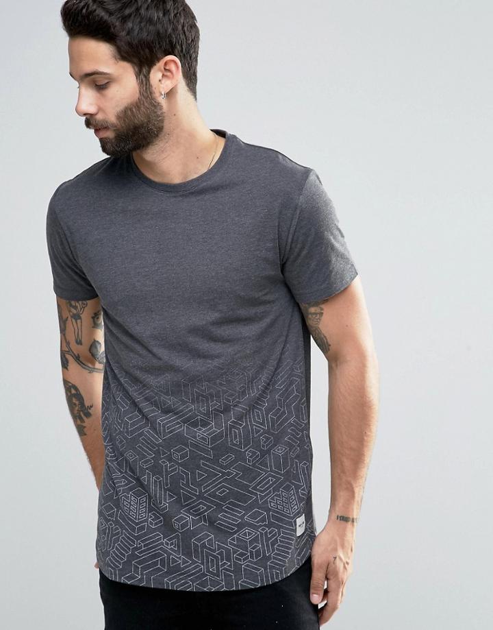 Only & Sons Super Longline T-shirt With Curved Hem & Faded Print Detail - Gray