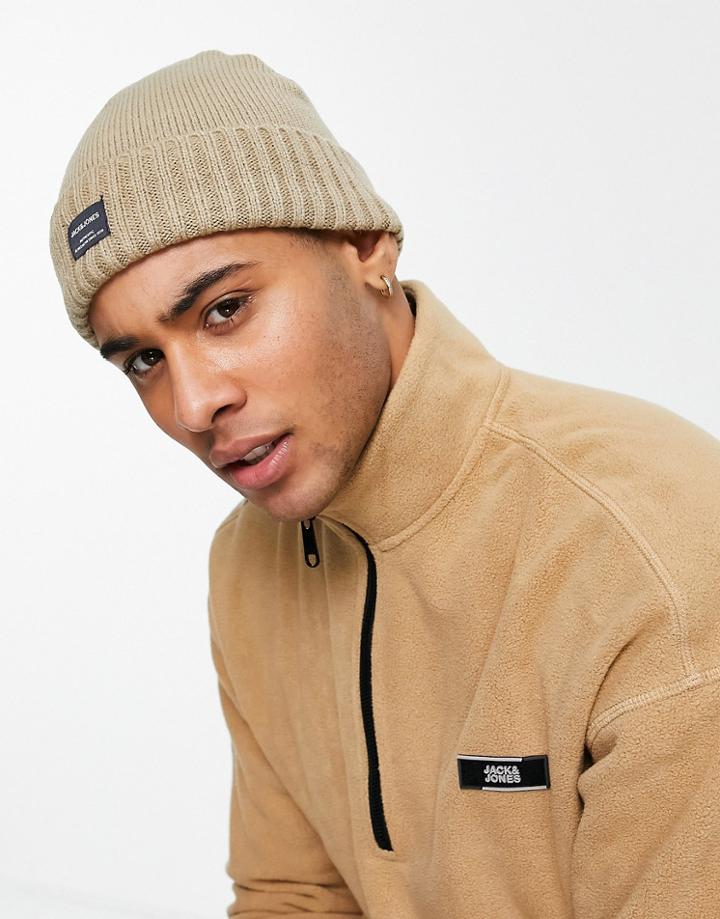 Jack & Jones Badge Logo Beanie In Beige-neutral