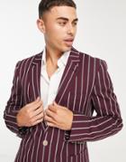 Asos Design Skinny Blazer With Wide Stripes And Gold Button In Burgundy-red