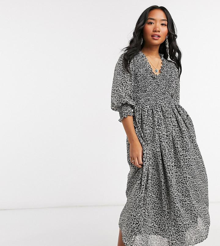Asos Design Petite Shirred Midi Dress In Mono Ditsy Floral-multi