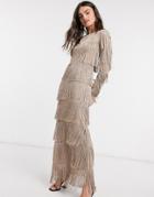 Asos Design Long Sleeve Fringe Column Maxi Dress In Stone-white