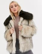 Asos Design Faux Fur Contrast Collared Coat In Brown