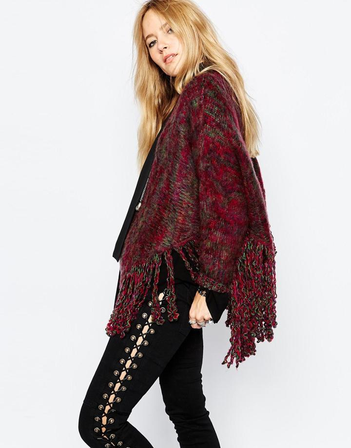 Sunshine Soul Boho Oversized Poncho Sweater With Tassel Detail - Burgundy